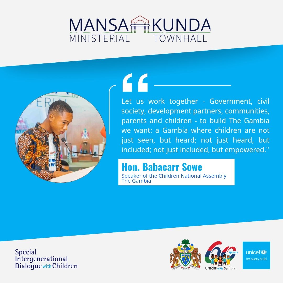 Fulfilling the rights of every child in The #Gambia includes partnering with children. 🤝🙌

Children are speaking, and we must amplify their voices and champion the fulfillment of their rights.

Thank you, Honourable Speaker of <a href="/ChildrenGambia/">Children National Assembly - The Gambia</a>.

#ForEveryChild Participation