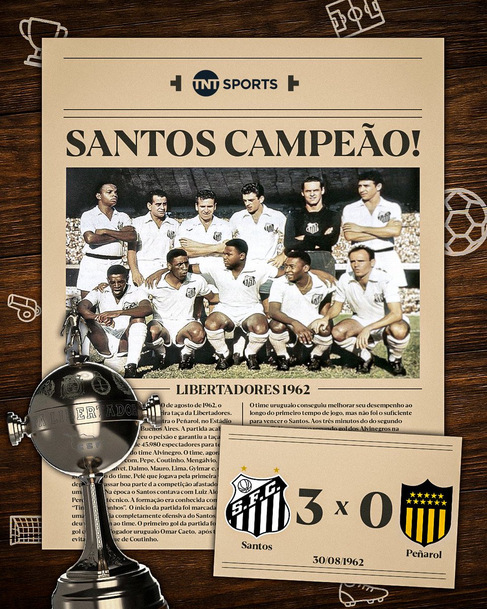 TNTSportsBR's tweet photo. A primeira Copa! 🏆 Neste mesmo dia, em 1962, o Santos se tornava o primeiro brasileiro a levantar a Taça da Libertadores! #FutebolBrasileiro https://t.co/F5YmMSRvrH