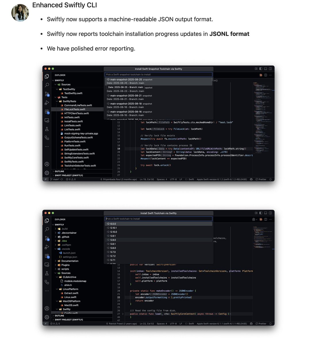 ktosopl's tweet image. Priyambada's #swiftlang summer of code finished up! She worked on improvements to Swiftly (swift installer) in #vscode. It's now able to automatically switch and install swift versions all without leaving VSCode! forums.swift.org/t/gsoc-2025-br…