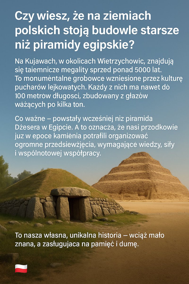 nikt132_nikt's tweet photo. Na Kujawach stoją budowle starsze niż piramidy egipskie.
Megality w Wietrzychowicach mają ponad 5000 lat i nawet 100 m długości.
Powstały bez metalu, bez koła, bez faraonów.
To nasza własna, unikalna historia – starsza niż Egipt faraonów. 🇵🇱
#Polska #megality #polskiepiramidy https://t.co/vcMZXiN0KU