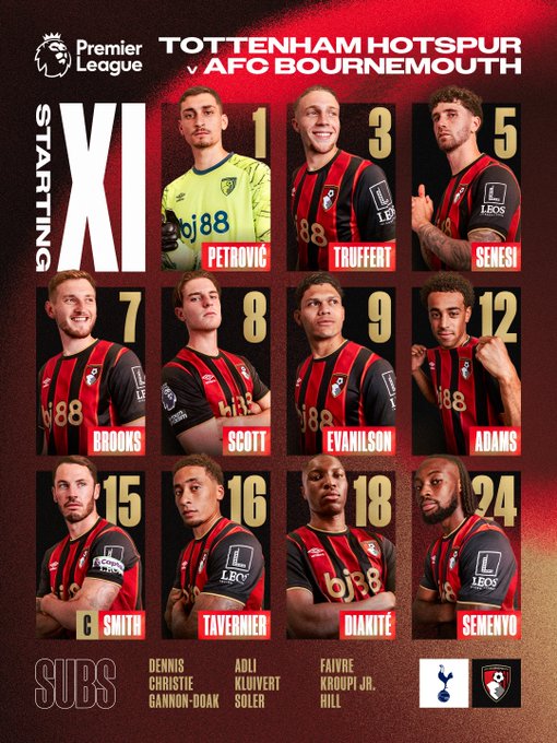 Team news graphic: Petrović, Truffert, Senesi, Brooks, Scott, Evanilson, Adams, Smith (C), Tavernier, Diakité, Semenyo.