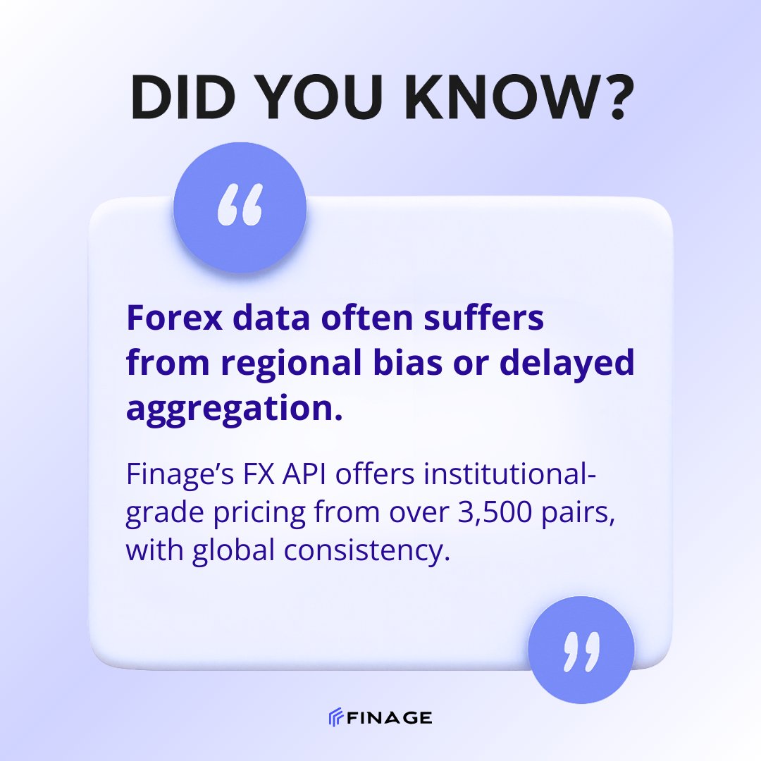 finageltd's tweet image. Not all forex data is created equal.
Regional bias and delays distort the picture, but Finage’s FX API delivers 3,500+ pairs with global consistency in real time.
#ForexAPI #RealTimeData #Finage