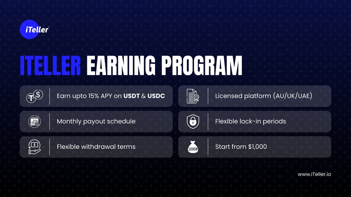 iTellerEx's tweet image. Deposit crypto, earn monthly interest.
Turn idle assets into income with iTeller’s earning program.
✅ Monthly payouts
✅ Secure &amp;amp; flexible terms 

#iteller #cryptostaking #cryptoearning #btc #eth #crypto #cryptoexchange #xrp #sol #usdt #cryptorewards #earncrypto