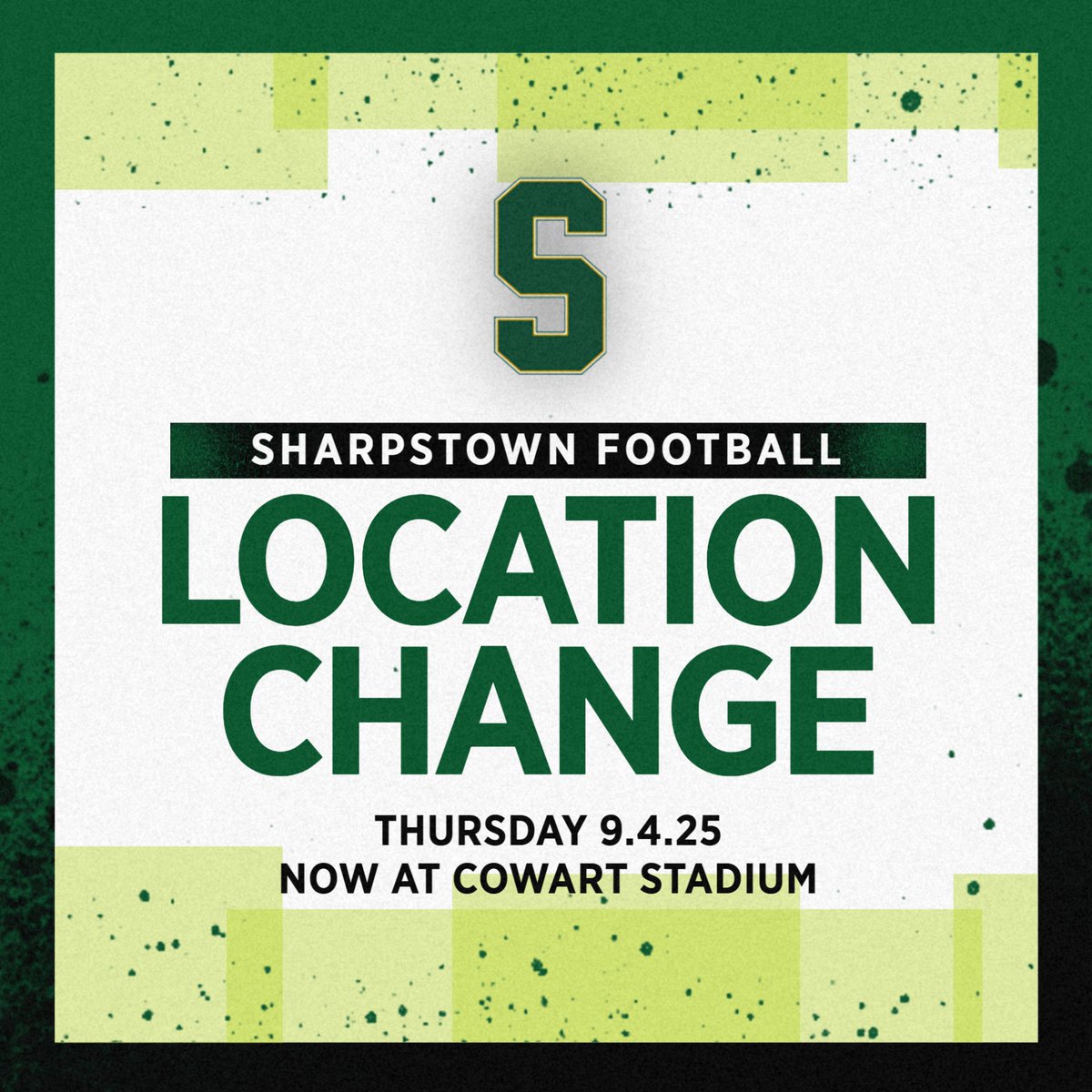 Football game LOCATION update: game on 9.4.25 vs Scarborough has been relocated to Cowart Stadium. #Sharpstown_HS