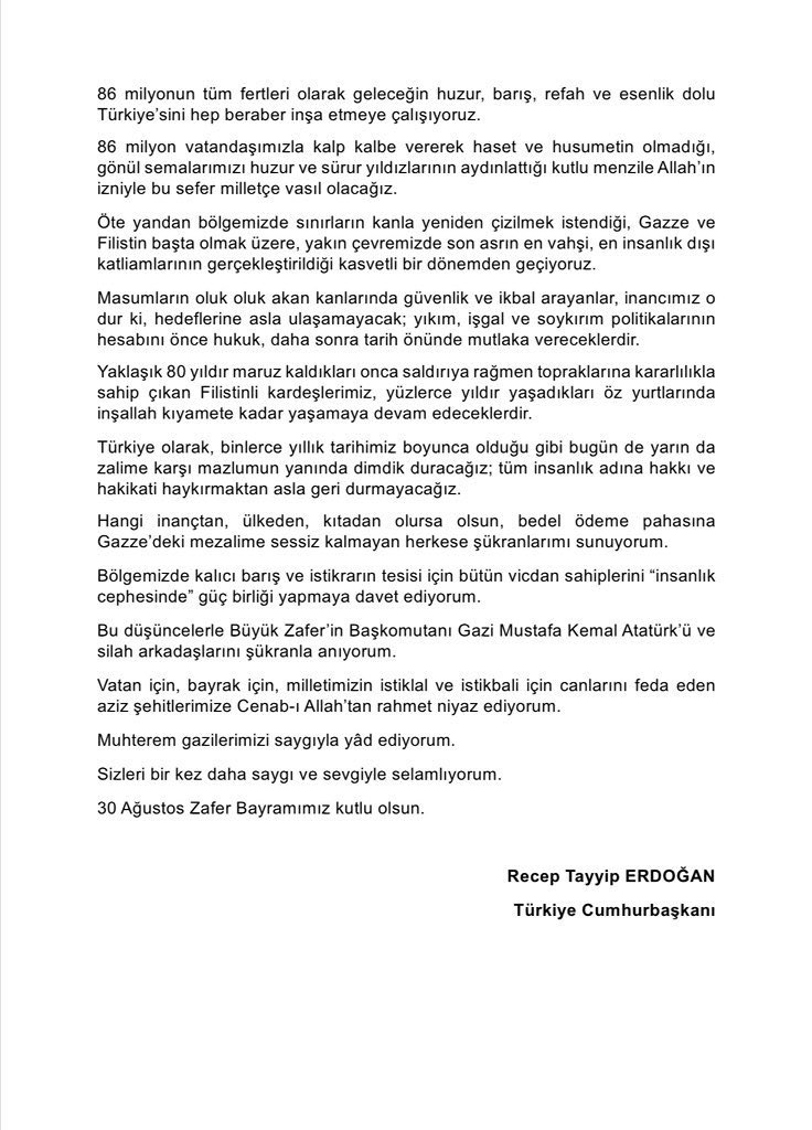 Sayın Cumhurbaşkanımız Recep Tayyip Erdoğan’ın 30 Ağustos Zafer Bayramı Mesajı: