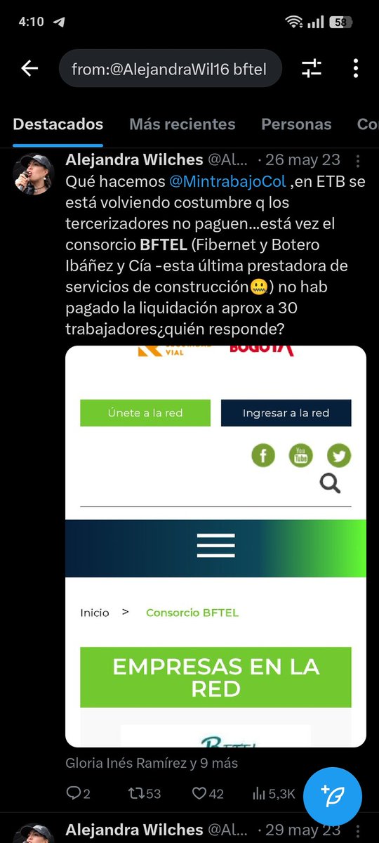 BFTEL tercerizadora en ETB(denunciada antes por no pago liquidaciones)ahora recibimos quejas x incumplimiento reducción  jornada laboral,no pago horas extras,no respetan hora de almuerzo,maltrato y amenazas,si denuncian los echan,urge intervención <a href="/AntonioSanguino/">Antonio Sanguino</a> 
<a href="/sandramilemu/">Sandra Milena Muñoz Cañas</a>