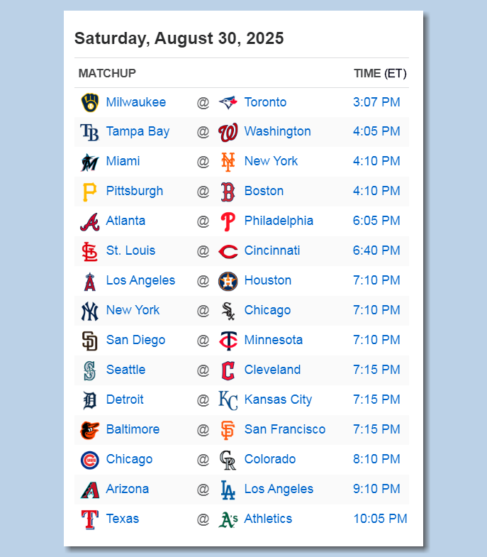 BSmile's tweet photo. Here's the #MLB schedule for Saturday, August 30th - PLAY BALL!!!! https://t.co/1Wj8E5aayl