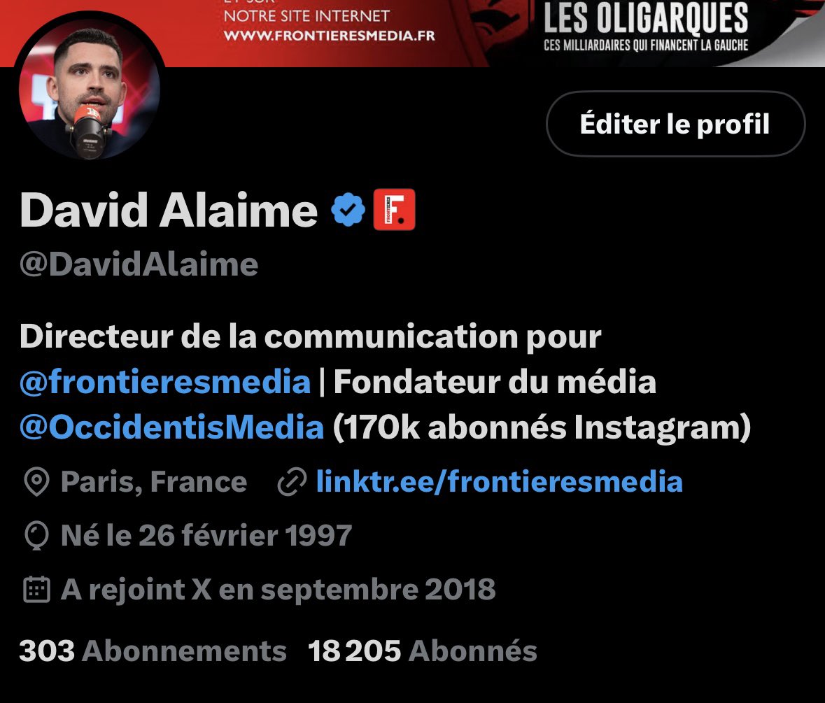 Frontières (@frontieresmedia) on Twitter photo 🚨 RECOMMANDATION 🚨
Abonnez-vous à notre journaliste <a href="/DavidAlaime/">David Alaime</a>
Sur son compte, David suivra les élections municipales, les rentrées politiques, des manifestations. Vous retrouverez également des informations exclusives et les coulisses de notre média ! 🚨 RECOMMANDATION 🚨
Abonnez-vous à notre journaliste <a href="/DavidAlaime/">David Alaime</a>
Sur son compte, David suivra les élections municipales, les rentrées politiques, des manifestations. Vous retrouverez également des informations exclusives et les coulisses de notre média !