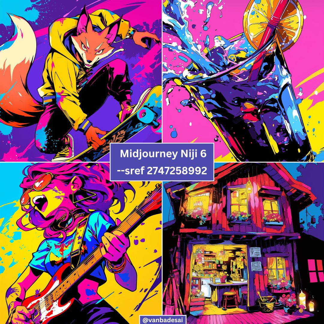 vanbadesai's tweet photo. ⭐New Niji 6 Style⭐

🎨Midjourney🎨 --sref 2747258992 --niji 6 🌈

Neo-Pop Urban Expressionism.

Dynamic energy, bold color, high contrast, graphic, digital art, stylized, contemporary, vibrant, stylized shapes, urban influence.

#midjourney #sref #srefcode #srefs #aiart #promptshare #aiartcommunity #aiartwork #midjourneyart #midjourneyai #midjourneyartwork #aiartist #aiartists #aiartgallery #nijijourney #niji #anime #manga