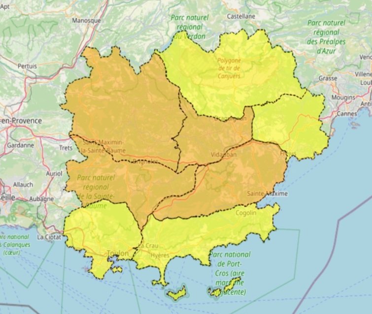 #FeuxDeForêt  | Dimanche 30 août dans le #Var : 
🟠 Risque incendie 🔥 SÉVÈRE pour 4️⃣ massifs forestiers : Sainte-Baume, Haut-Var, Maures et Centre-Var.
➡Accès déconseillé,  
➡Travaux réglementés de 5h à 13h, interdits après 13h ⛔️

🟡 Risque incendie 🔥 MODÉRÉ pour 5️⃣ massifs