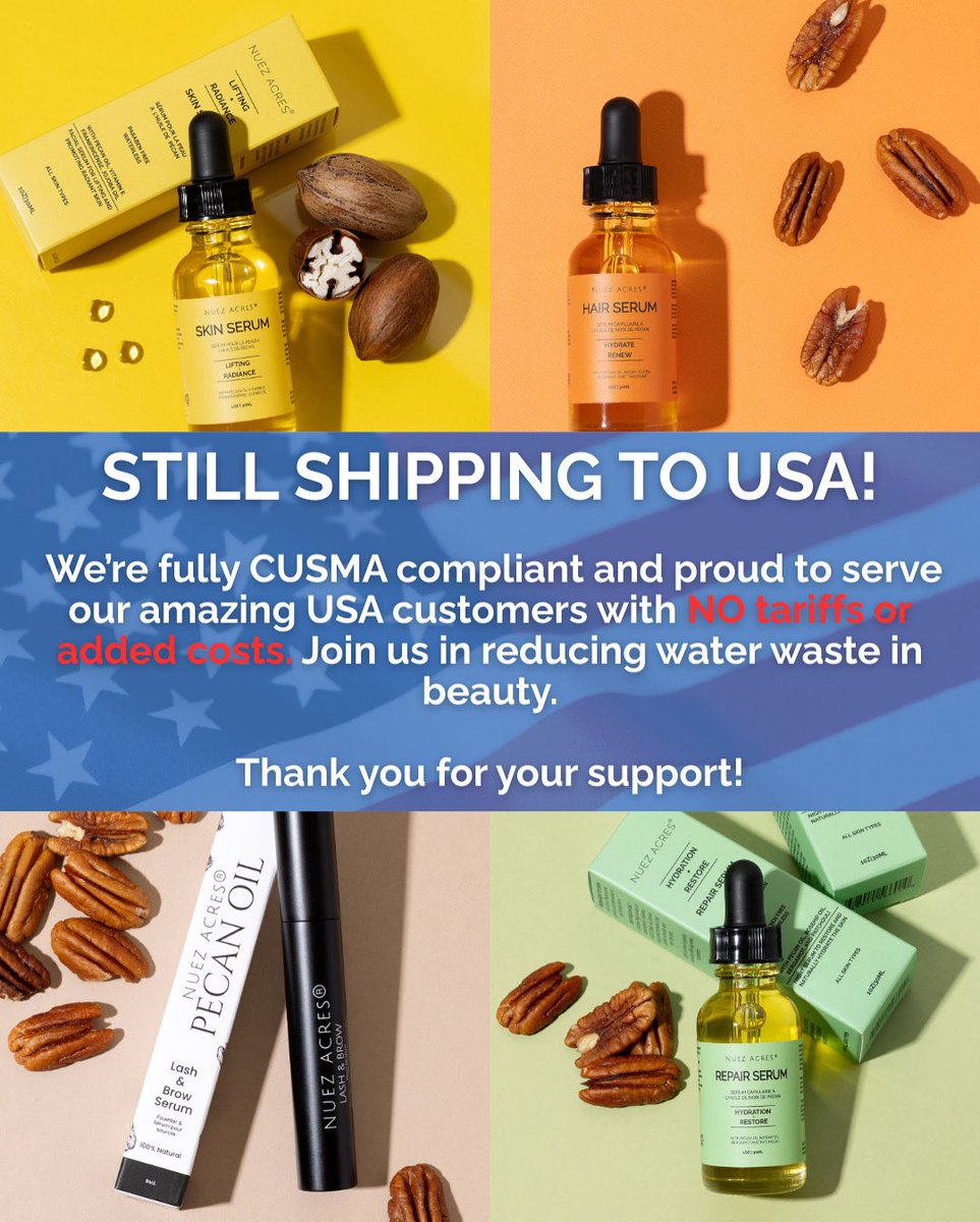 STILL SHIPPING TO USA! 🇺🇸

No tariffs. No added costs. Just water-free beauty that cares.
Shop now &amp; join us in reducing water waste in beauty. 🌿

🔗 nuezacres.ca

#WaterlessBeauty #CleanBeauty #SustainableBeauty #MetisOwned #LatinaOwned