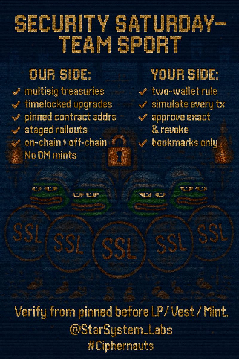 #SecuritySaturday: How We Secure (and you can too)
Our side: multisig-controlled treasuries, timelocked upgrades where applicable, pinned contract addrs, staged rollouts, on-chain &gt; off-chain. No DM mints.
Your side: two-wallet rule (hot mint + hardware vault), simulate every tx,