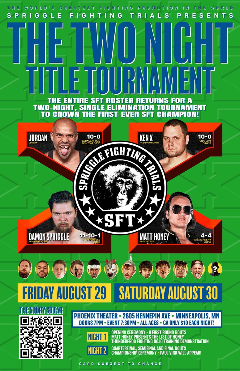 NIGHT 2 IS TONIGHT! 

GA Only $10 at the door!
Quarterfinal Matchups:

Damon Spriggle vs. Jah-C 

Uriah Upton vs. Jordan 

Shane Black vs. KEN X 

Matt Honey vs. LORE 

PLUS:
Paul Virk Returns and Matt Honey presents the List of Honey 

See you at the Phoenix at 7:30pm!