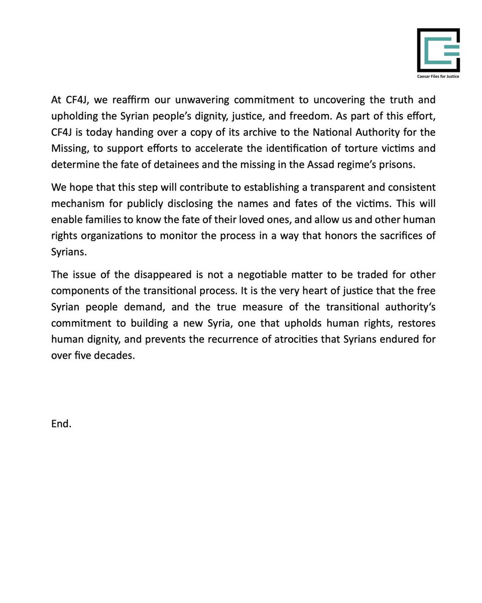 CaesarFiles's tweet image. #Caesar_Files for Justice (CF4J) Statement
On the International Day of the Victims of Enforced Disappearances
August 30, 2025
"The issue of the #disappeared is not a negotiable matter to be traded for other components of the transitional process. It is the very heart of…