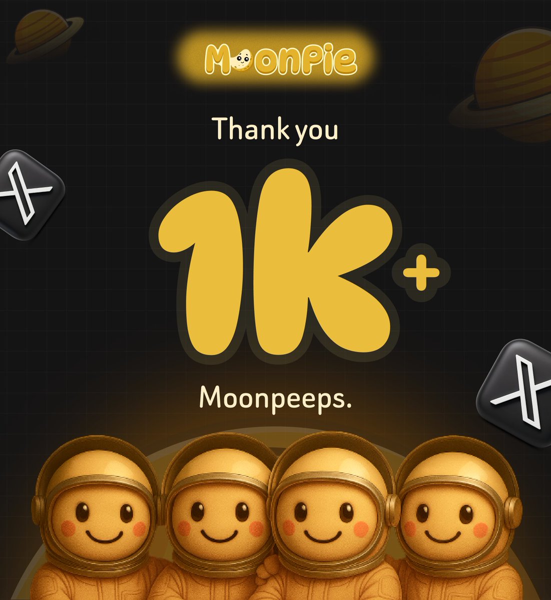 Moonpeeps, we have crossed 1k followers on X, thank you! 🎉

from day one, y’all have been vibing with us, testing with us, giving feedback, memeing, trading, building.
this isn’t just a milestone. this is a movement.
1k+ real ones riding with moonpie before the rocket even