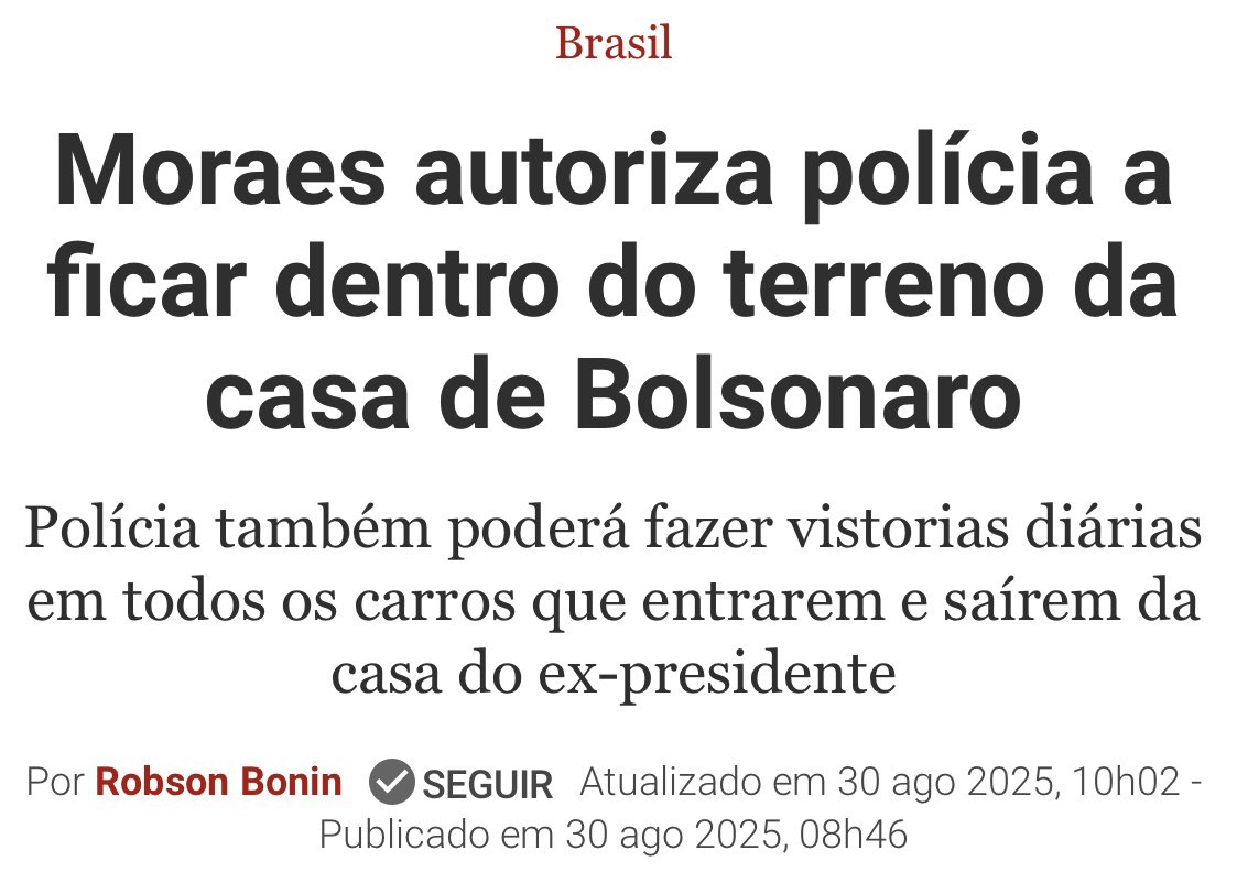 🚨Embora a PGR tenha se manifestado ontem contra o pedido da PF de permanência de policiais no interior da residência de Jair Bolsonaro, Moraes autorizou, sim, policiais federais dentro da casa.
Isso porque, dentro do terreno também é considerado casa. Todo o espaço que engloba o