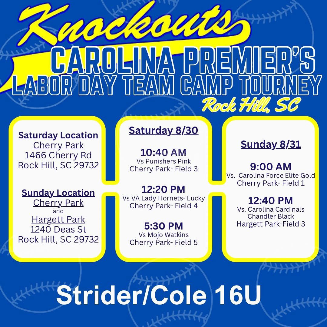 Knockouts Strider/Cole 16U are headed to Rock Hill!  Ready to see these ladies hit the field! 💙💛🥎