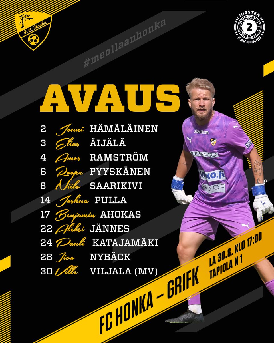 Avaus tänään Tapiolassa klo 17!

Vaihdossa:

Nico Serjala (MV)
Oliver Tukia
Otto Ilmén
Aaro Heiskanen
Aapo Venermo
Erik Davidian
Visar Bela
Kasperi Liikonen