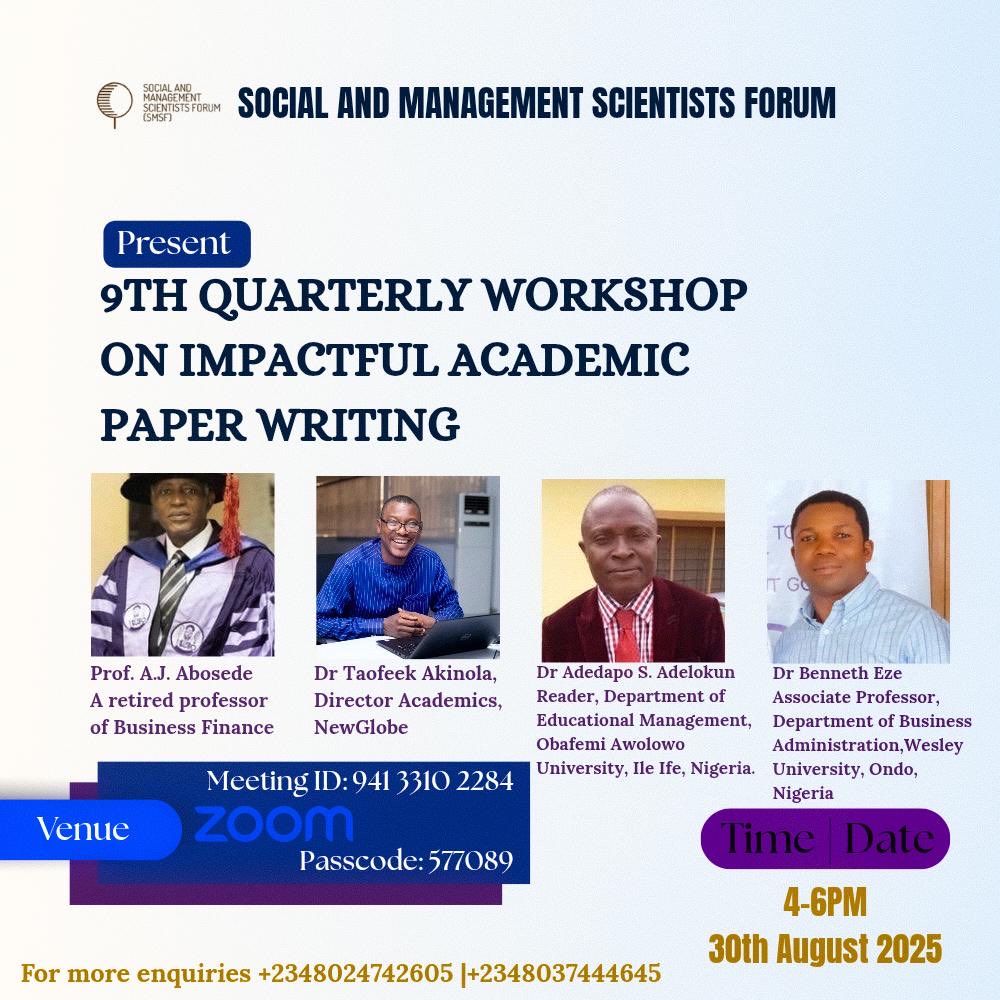Honbeneze's tweet photo. I will be speaking at the 9th workshop on Impactful Academic Paper Writing organized by the Social and Management Scientists Forum.
Join us https://t.co/Z59x5yuQaY