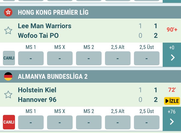 BUGÜN YAYINDA UMMADIĞIMIZ MAÇLARDAN 1/2 2/1 SÜRPRİZLERİ ÇIKICAĞINI SÖYLEMİŞTİM YANİ DİYECEK TEK KELİMEM YOK 

HANNOVER HARİÇ 2 Sİ DE YASAL DA KAPALI ELİMDEN NE GELİR ❌