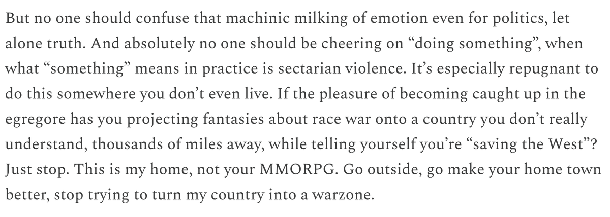 Spot on, by <a href="/moveincircles/">Mary Harrington</a>. Britain has grave enough problems as it is; it doesn't need part of the American Right using it to project their barely-sublimated longing for violent conflict. maryharrington.co.uk/p/why-dont-the…