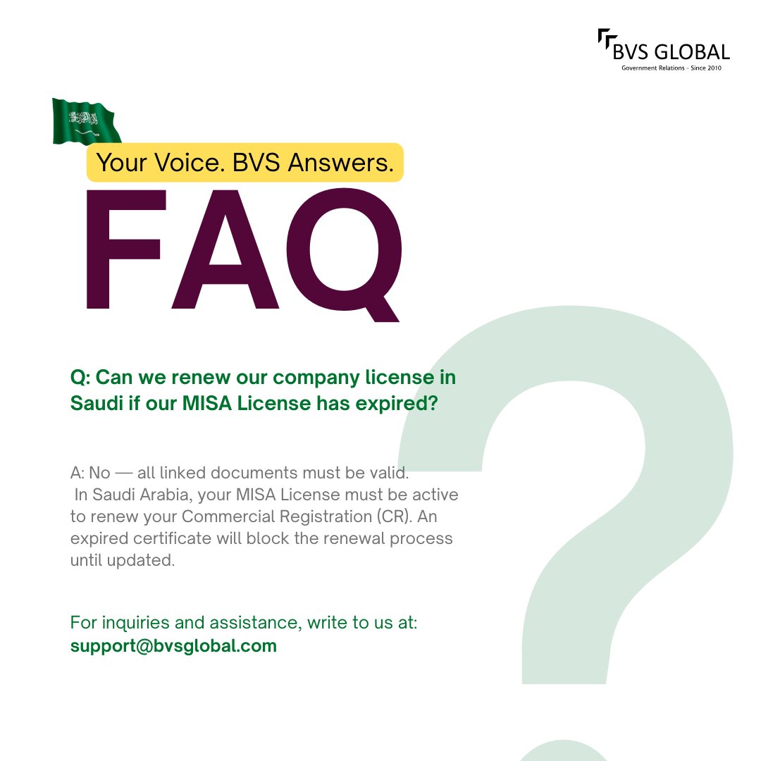 BvsGlobal's tweet image. #WeekendFAQs 

Can you renew your Saudi CR if your MISA License is expired?
 👉No.
Your MISA must be valid first — or renewal is blocked.

#AskBVS #SaudiBusiness #CRRenewal #BVSGlobal