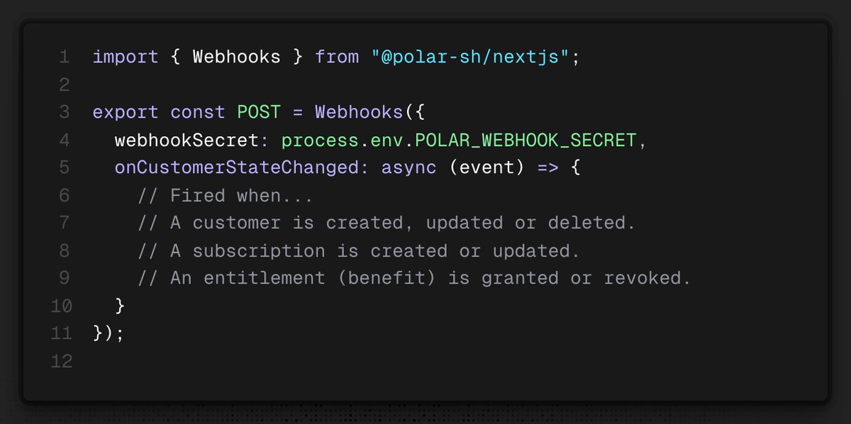 polar_sh's tweet image. With Polar, you don&apos;t need to listen to multiple different Webhook events &amp;amp; reconcile them with a User in your own database.

We made it a whole lot simpler.

The Customer State is a single webhook which triggers whenever anything about a Customer changes.