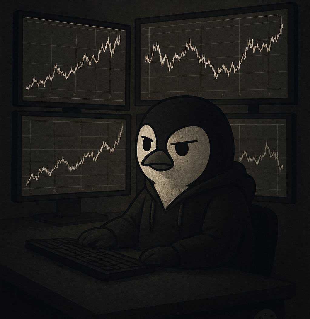 Cartoon penguin trader monitoring crypto charts