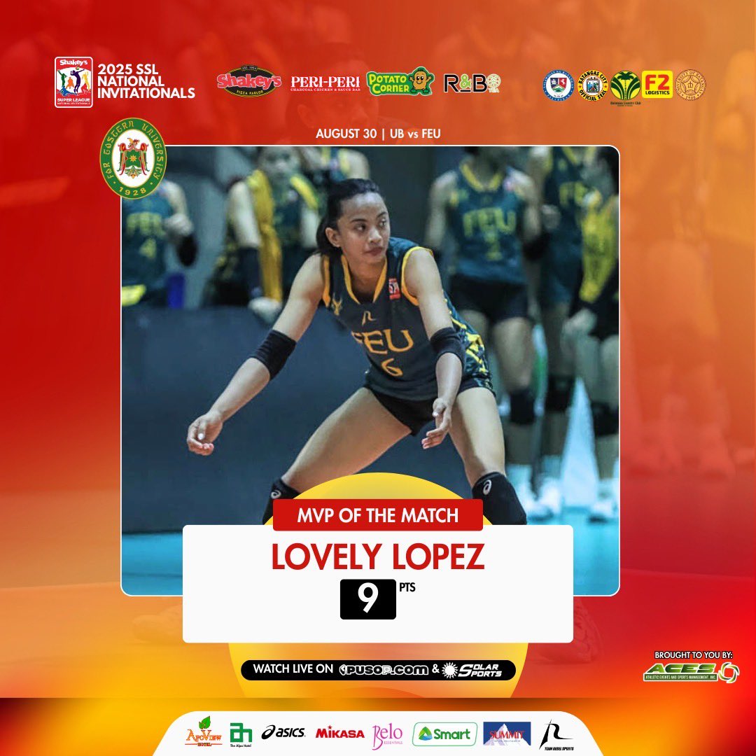 ShakeysLeague's tweet photo. Lovely Lopez comes through for FEU! ππ
The Lady Tamaraw standout claims MVP of the Match after leading the charge with 9 points in their straight-set sweep of the University of Batangas at the Shakeyβs Super League National Invitationals. π₯
#ShakeysSuperLeague #SSLBatangas https://t.co/te0G1GpnKZ