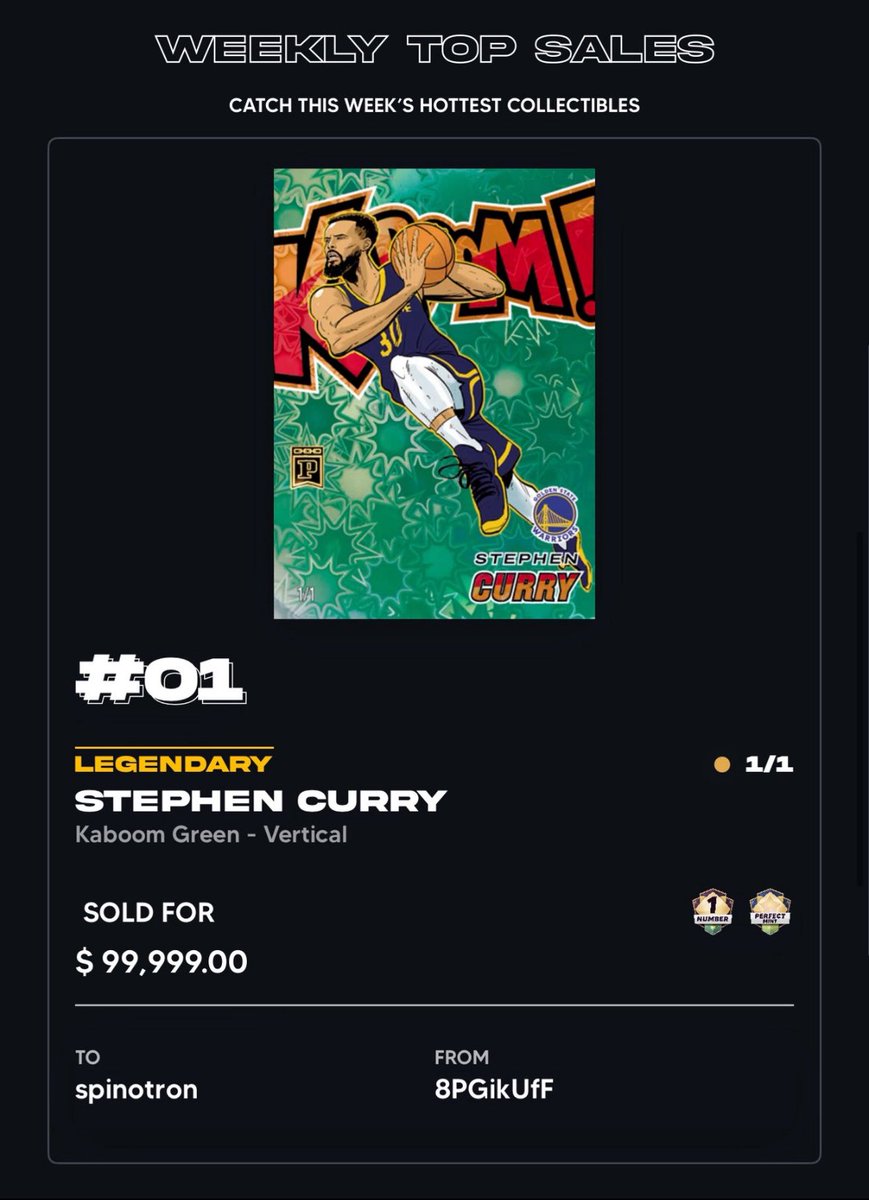 This Stephen Curry Panini Blockchain Green Kaboom 1/1 just recently sold for  $99,999. 

It was purchased by prominent collector, Spinotron. 

While this is a digital asset, it would be the second highest public sale of any physical Green Kaboom 1/1 publicly recorded. 

Thoughts?