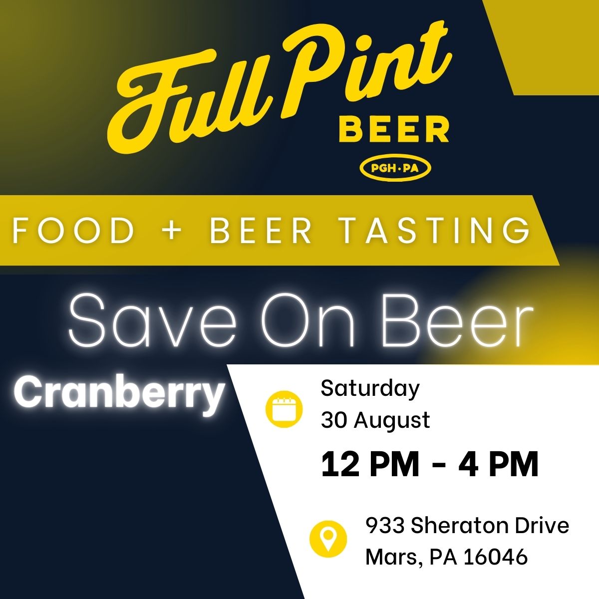 Stop on down today to sample some Full Pint beer and FOOD at Save on Beer Cranberry from 12 - 4 pm! It's on us! See you there!