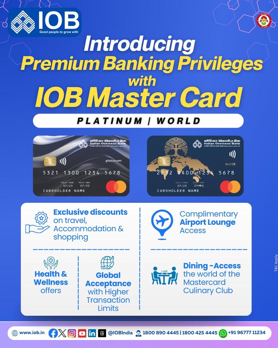 IOBIndia's tweet photo. โจ Unlock Premium Privileges with IOB MasterCard โ Travel, Dine & Shop with Benefits Beyond Banking! ๐ณ๐
#PremiumBanking #IOB #IOBConnect #IOBForYou #IndianOverseasBank #DFS #RBI #GoodPeopleToGrowWith https://t.co/bBA5vA05sC