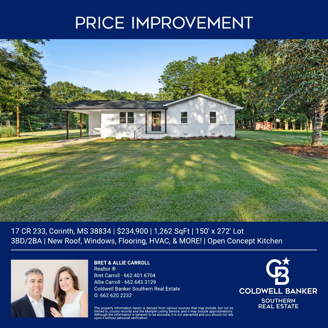 CBSouthern1's tweet image. #Corinth - #Reduced! Completely #renovated 3BD/2BA home with a new roof, windows, flooring, HVAC, wiring, plumbing, insuation, and MORE! Open concept kitchen and living space. Call Bret &amp;amp; Allie Carroll @cbsouthern1. Broker: Gena Nolan 
 cbtupelo.com/listing/MS/Cor…