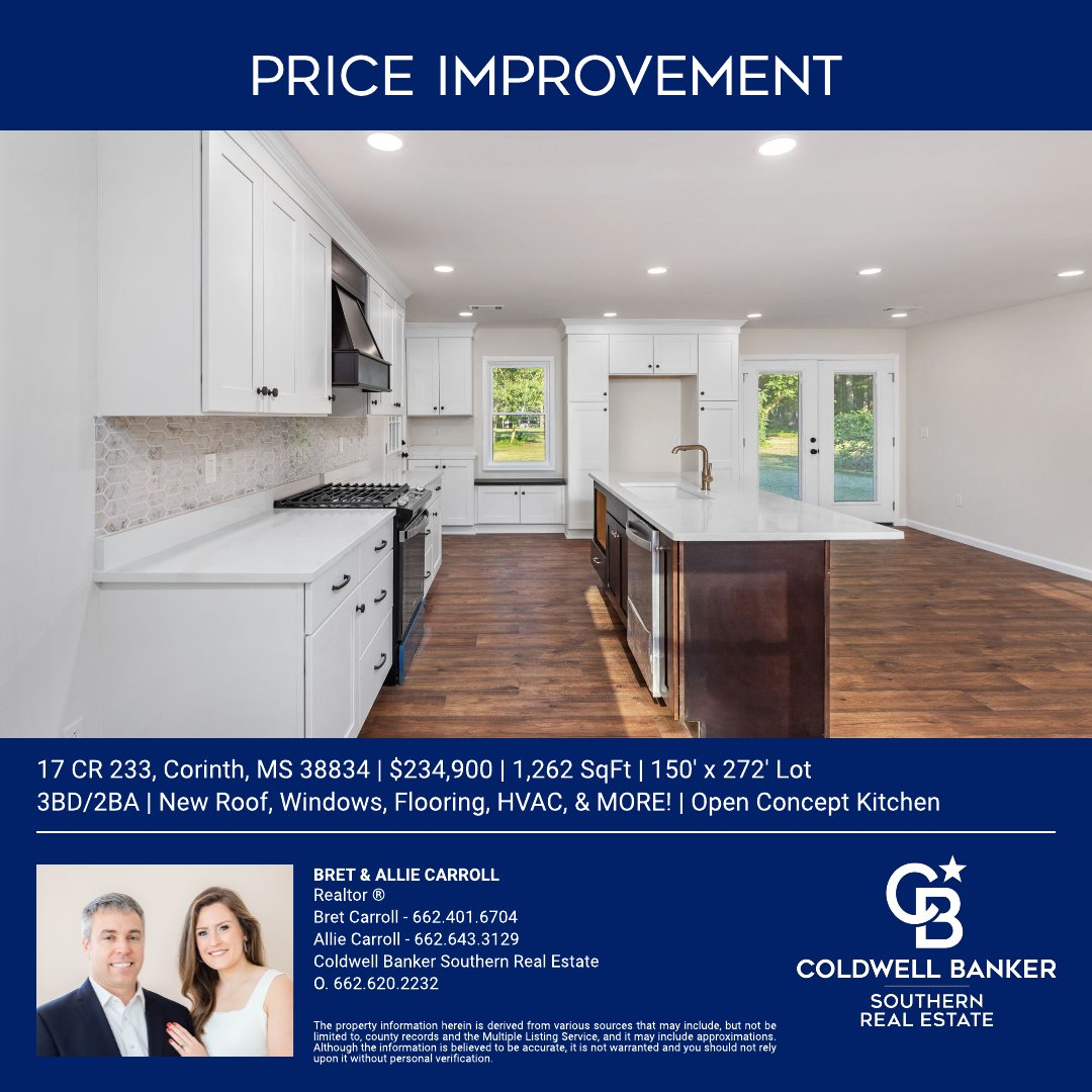 CBSouthern1's tweet image. #Corinth - #Reduced! Completely #renovated 3BD/2BA home with a new roof, windows, flooring, HVAC, wiring, plumbing, insuation, and MORE! Open concept kitchen and living space. Call Bret &amp;amp; Allie Carroll @cbsouthern1. Broker: Gena Nolan 
 cbtupelo.com/listing/MS/Cor…