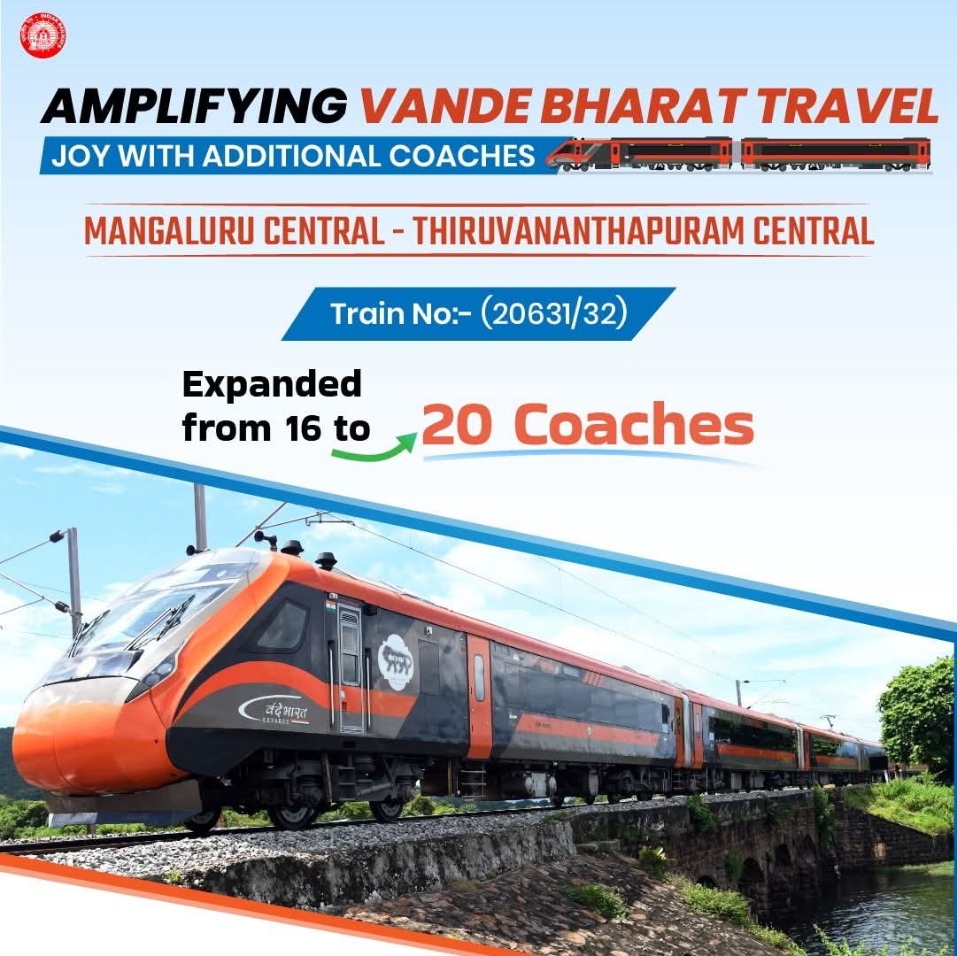 The pride of the tracks just got bigger! 🚄💙
Mangaluru – Thiruvananthapuram #VandeBharatExpress is now 20 coaches strong to give you more space, more comfort, more joy! ✨
Travel upgraded. Experience elevated.”

#TVCSR