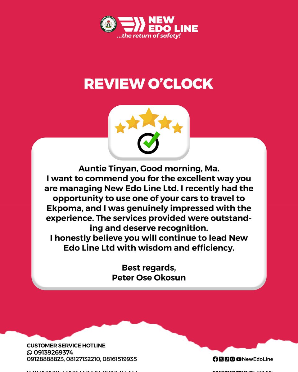 REVIEW O' CLOCK ✅ 

We have been getting the best reviews from our commuters. It's no surprise, our services are the best amongst the rest!

Travel with New Edo Line today to enjoy a premium road trip, with safety and comfort guaranteed 👍🏽

#NewEdoLine #TheReturnOfSafety