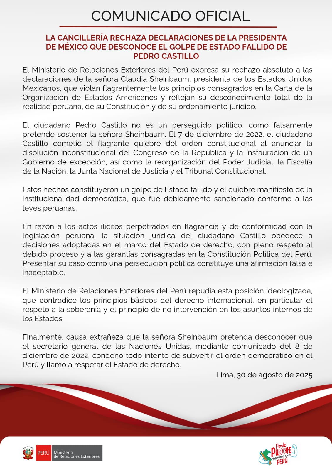 Pedro Castillo: Comunicado de la cancilleria peruana sobre los comentarios hechos por la presidente de México 