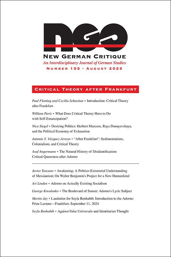 DukePress's tweet image. The #WeeklyRead is “What Does Critical Theory Have to Do with Self-Emancipation?” by William Paris. The article appears in a special section, Critical Theory After Frankfurt, of New German Critique (155)..

Read this article for free through 11/30: buff.ly/G1bFpZn