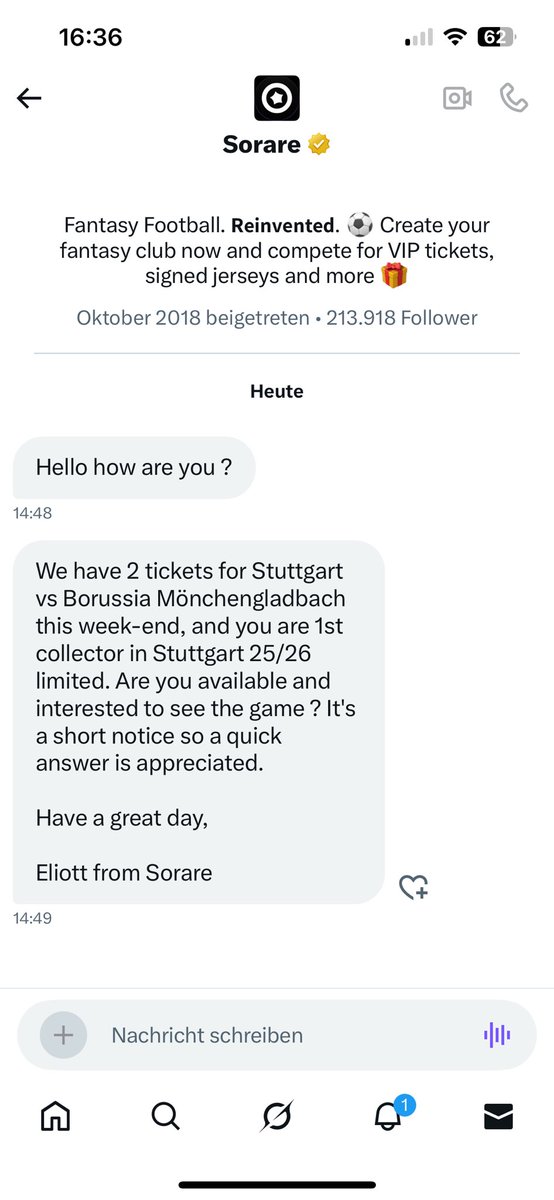 Sorare0711's tweet photo. Got a message yesterday for Stuttgart 1st collector, I am a season ticket holder but got the tickets anyway, thank you @Sorare you made 2 more Stuttgart fans happy! @NoTimeW3 @ni2las https://t.co/RofWsEOIEd
