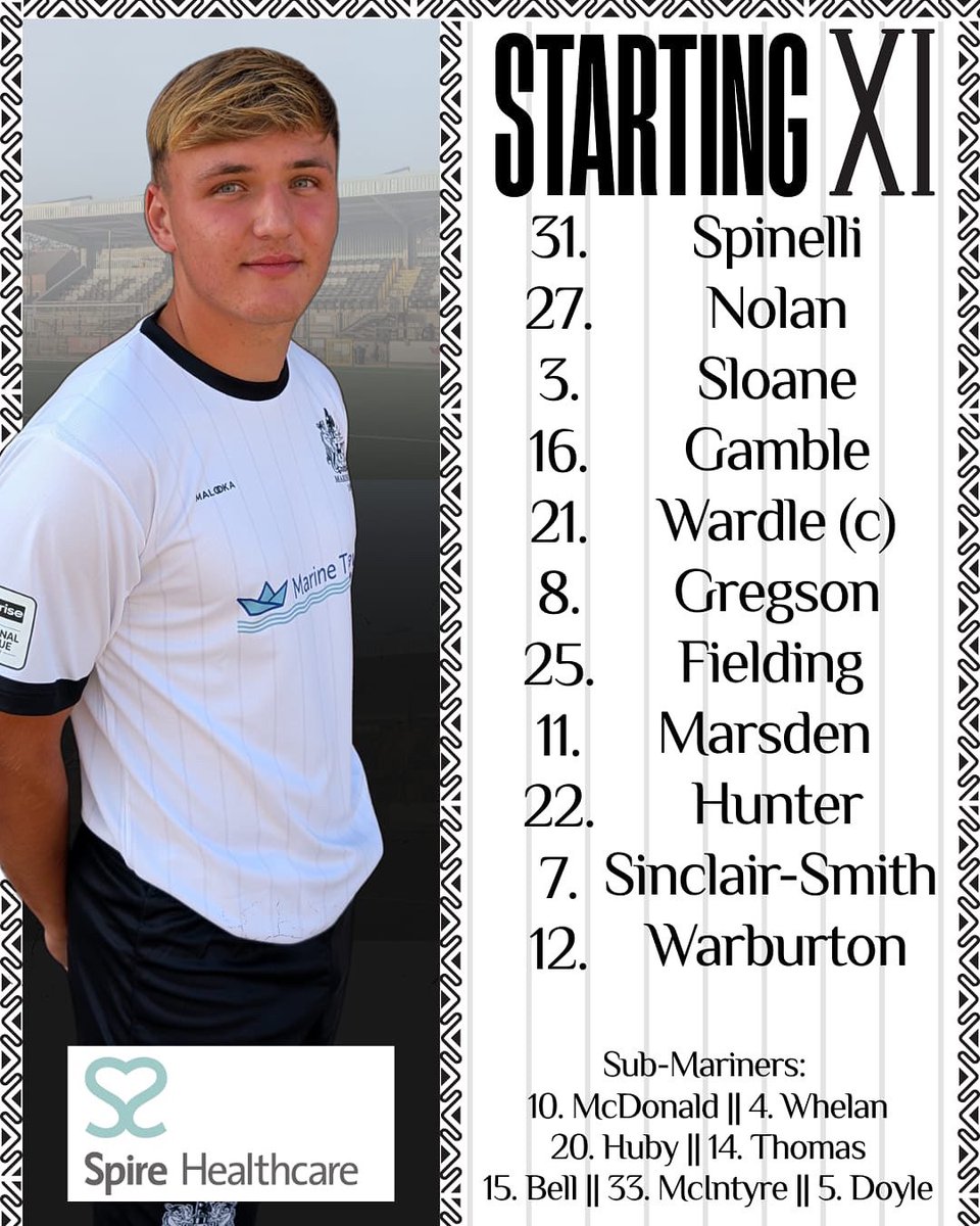 Your Mariners to take on Peterborough Sports today.

Come on Marine!

Starting XI sponsored by Spire Healthcare