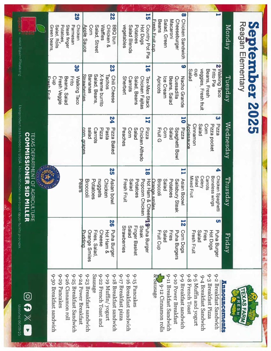 The September 2025 Quanah ISD lunch menus.
