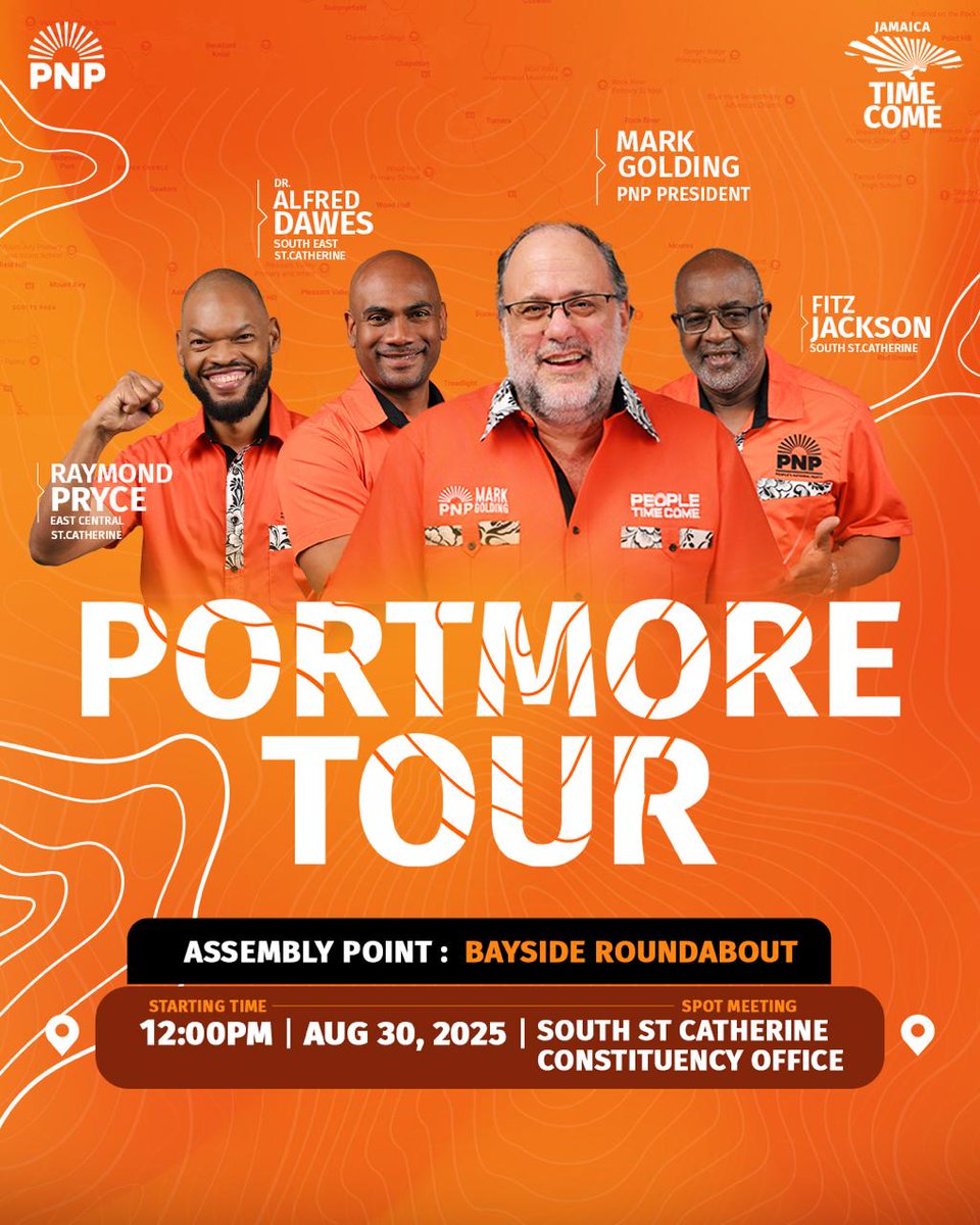 ☀️  IT's PORTMORE FOR SURE! 
Today, join PNP President Mark Golding, along with our dynamic candidates Dr. Alfred Dawes, Raymond Pryce, and Fitz Jackson, as we kick off the PNP Portmore Tour! 

Come out and let’s reason, rally, and move together toward a brighter future for