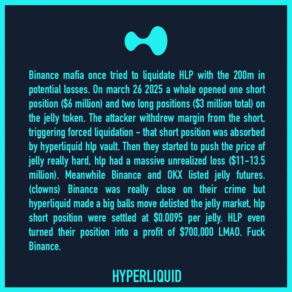 a pivotal piece of hype lore

the day binance mafia tried to destroy hyperliquid

fun fact; this attack was the switch flip for me on hype and i entered with size that day

i didn't know much about hyperliquid and i didn't have my own long term thesis (yet)

but i did know that