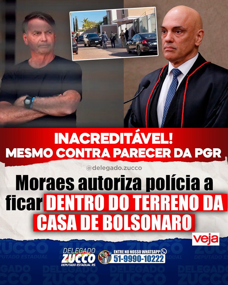 Alexandre de Moraes autorizou que a Polícia permaneça dentro do pátio da casa de Bolsonaro, contrariando até mesmo o parecer da PGR. Transformaram a residência de um ex-presidente em um presídio de segurança máxima. Jamais se viu algo semelhante na história do Brasil: um ex-chefe