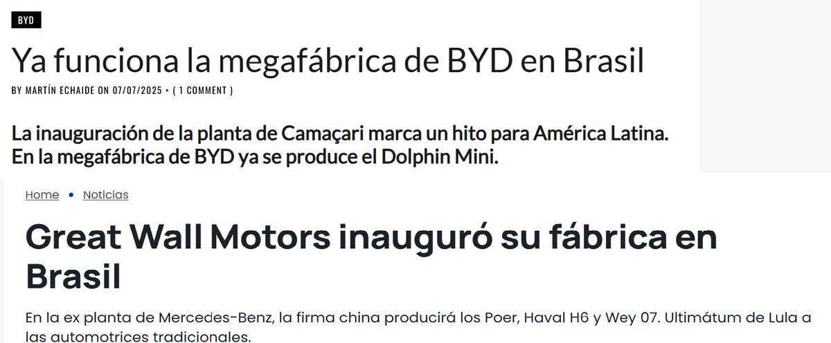 🇨🇳🚗🇧🇷 Las principales marcas chinas anuncian inversiones en Brasil. El futuro de la industria automotriz argentina está en jaque, de la mano del avance de la electromovilidad.
🧵 Abro hilo: