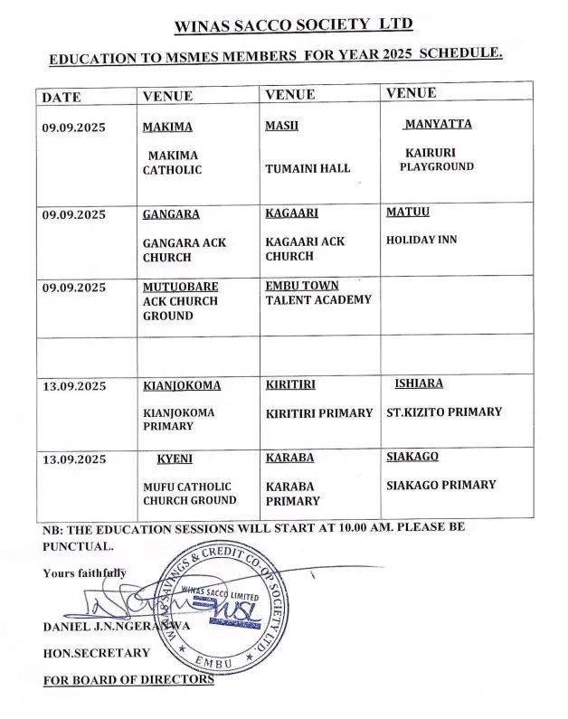 Winas DT Sacco endeavors to continually empower its members through education forums. We invite all MSMEs member to attend the scheduled education forum to learn more on MSME products, Investment, Insurance and Governance. #UniterWeProgress^RM