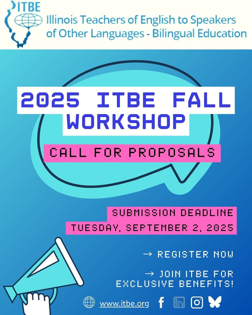 WN_ISU's tweet photo. LAST CHANCE  to Submit a Proposal for our ITBE Virtual Fall Workshop!
Share your knowledge and expertise with our ITBE community. Submissions will be accepted now through Tuesday, September 2, 2025 at https://t.co/r8S73bGCCl...
#ILTESOL #ITBE #BilingualEducation #2025FallWS https://t.co/m05OMVRCC6
