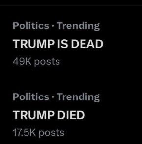 "ترامب مات" سأقبل رأس ويد من  يؤكد خبر وفاة ترامب.
"أسر جنود"
#على_الأرض
#غزه_تقاوم_وستنتصر_بأذن_الله
#غزه_تموت_جوعاً