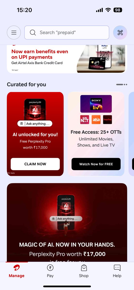 Hi <a href="/airtelindia/">airtel India</a> i am not able to access the perplexity pro. I even went to many of your stores to get it. They are just clueless. 
Please see screesnhot it clearly said it is part of the recharge and now says claim now but nothing happens