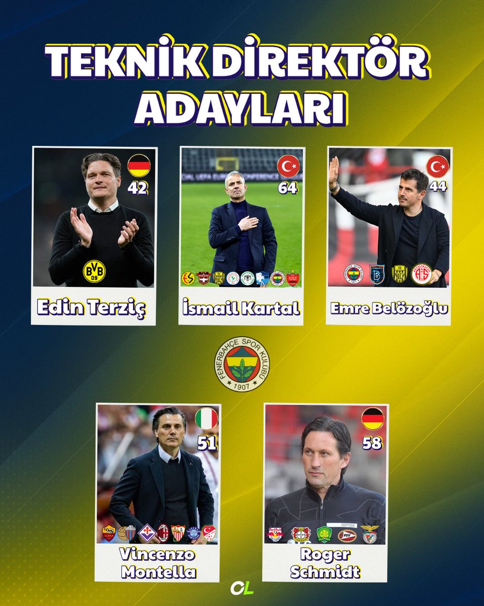💥 Fenerbahçe'de Mourinho Sonrası Temas Kurulan Teknik Direktör Adayları ! Sizce Fenerbahçe'nin Başına Hangi Hoca Gelmeli ? 
🇩🇪 Roger Schmidt
🇩🇪 Edin Terzić
🇮🇹 Vincenzo Montella
🇹🇷 Emre Belözoğlu
🇹🇷 İsmail Kartal